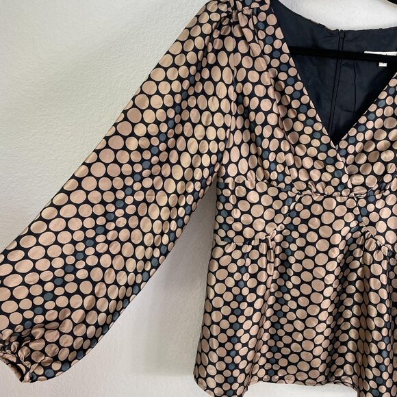 Nanette Lepore Blouse Womens 2 Black Beige Polka Dot Silk Balloon Sleeve Top USA - Picture 11 of 13